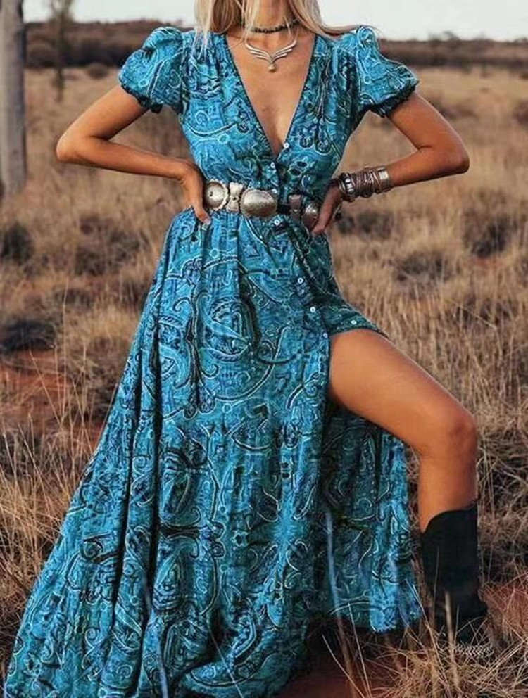 Summer Women's Clothing Print V-neck Short Sleeve Holiday Dress