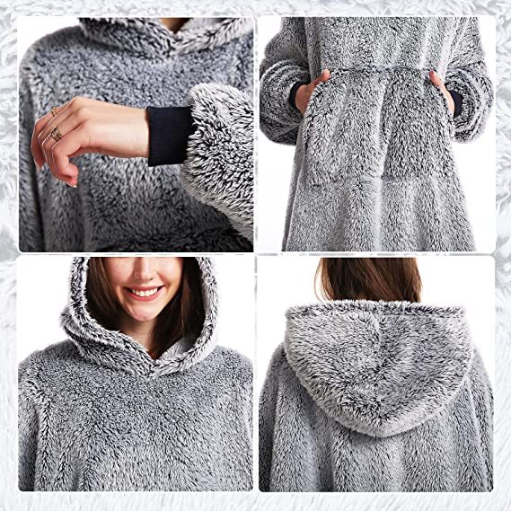 Oversized Wearable Blanket Hoodie Sweatshirt, Comfortable Sherpa Lounging Pullover for Adults Women Men
