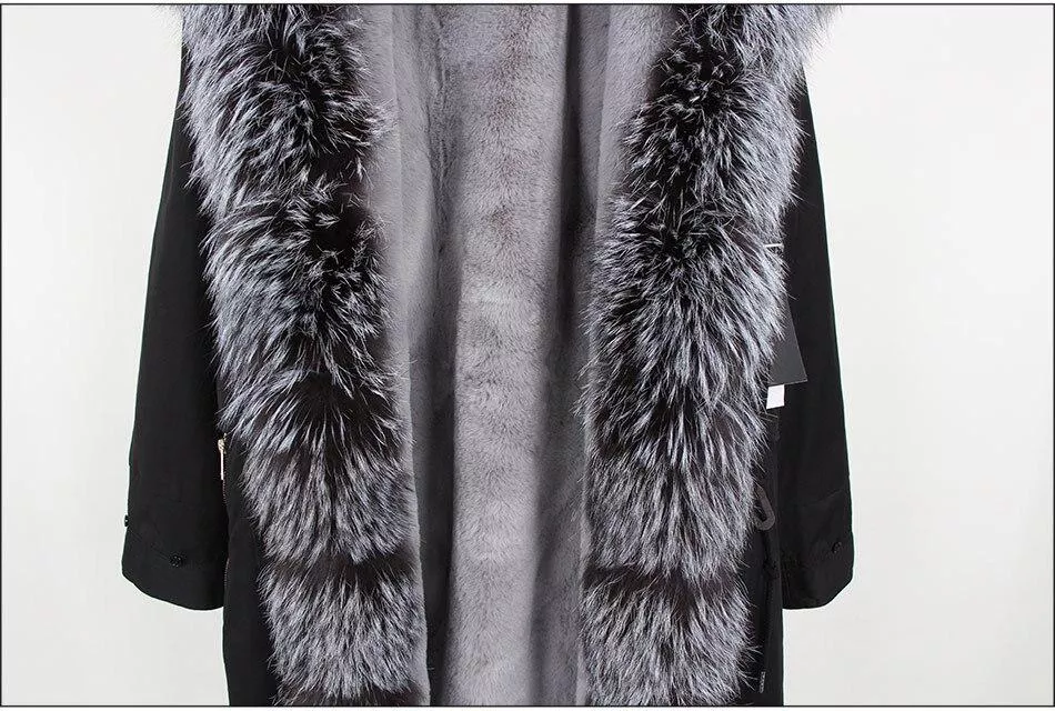 Women's Parka Fox Fur Coats Real Fur Winter Long Black Park Cotton Thi