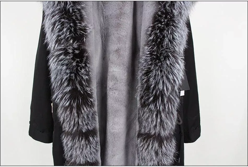 Women's Parka Fox Fur Coats Real Fur Winter Long Black Park Cotton Thi
