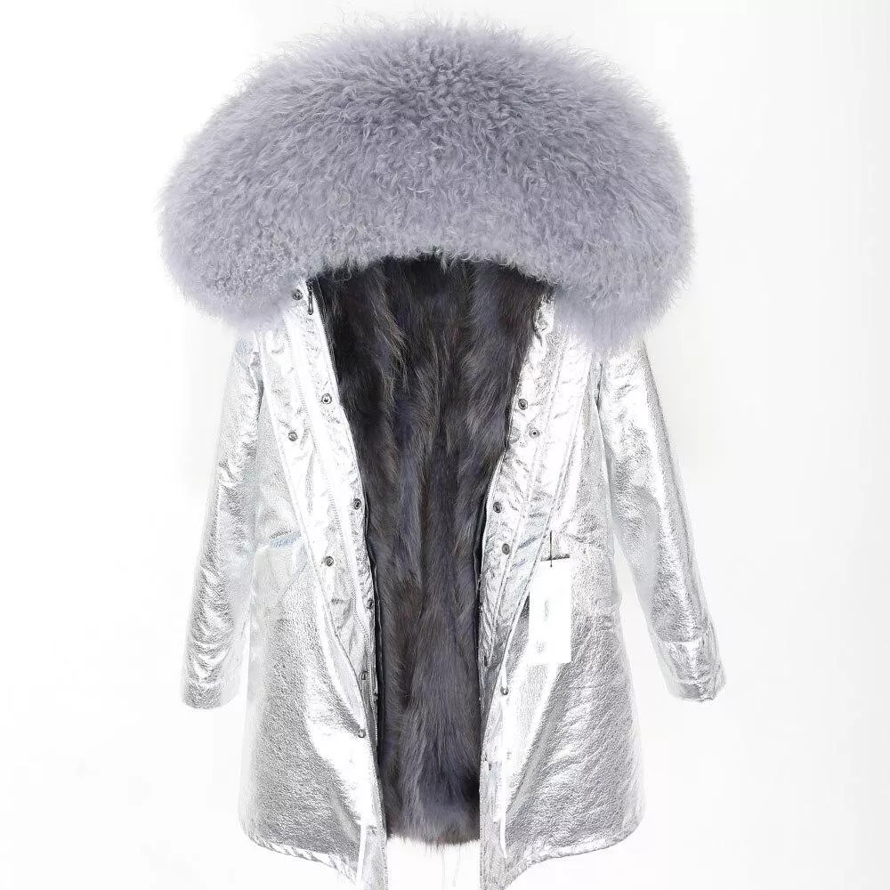 Women's Parka Winter Natural Mongolian Wool Collar Jacket Long Section