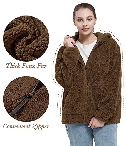 Women's Warm Fleece Sherpa Jackets Hooded Faux Shearling Coats Oversized Winter Teddy Coat Zipper Outwear