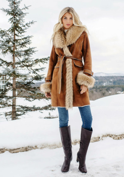 Tobacco Faux Fur Fox Collar Faux Suede Dakota Coat