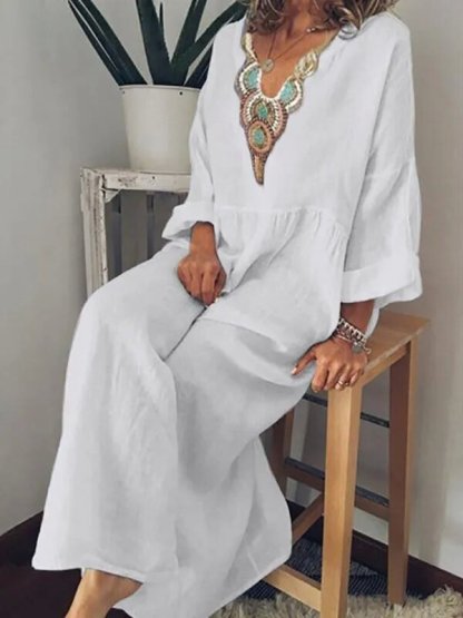 Casual V-Neck Printed Long-Sleeved Dress