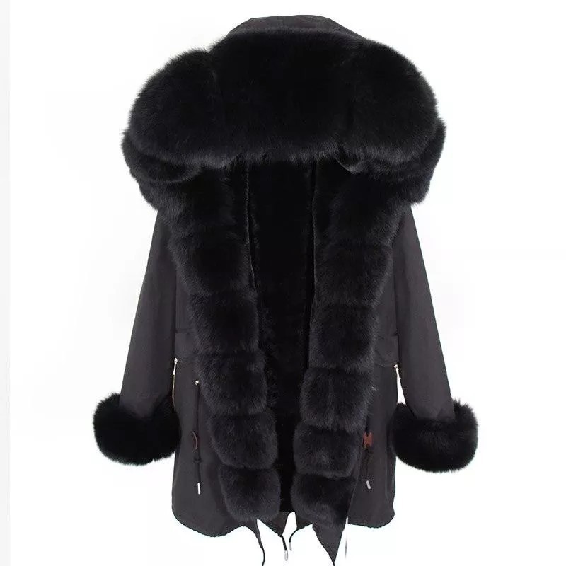 Women's Parka Fox Fur Coats Real Fur Winter Long Black Park Cotton Thi