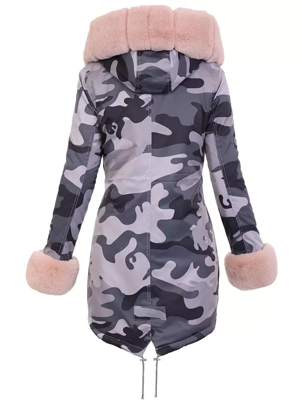 Women's winter fur coat camouflage jacket with pink