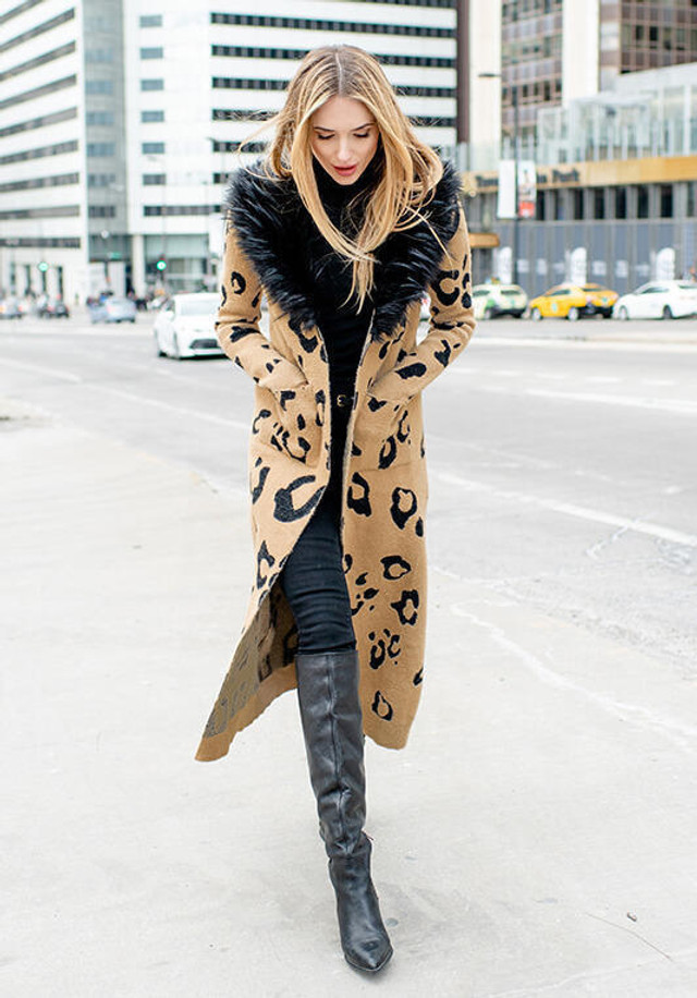 Leopard Fox Collar Duster Sweater