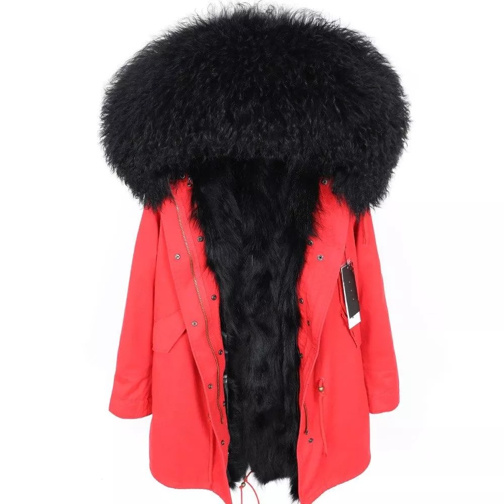 Women's Parka Winter Natural Mongolian Wool Collar Jacket Long Section