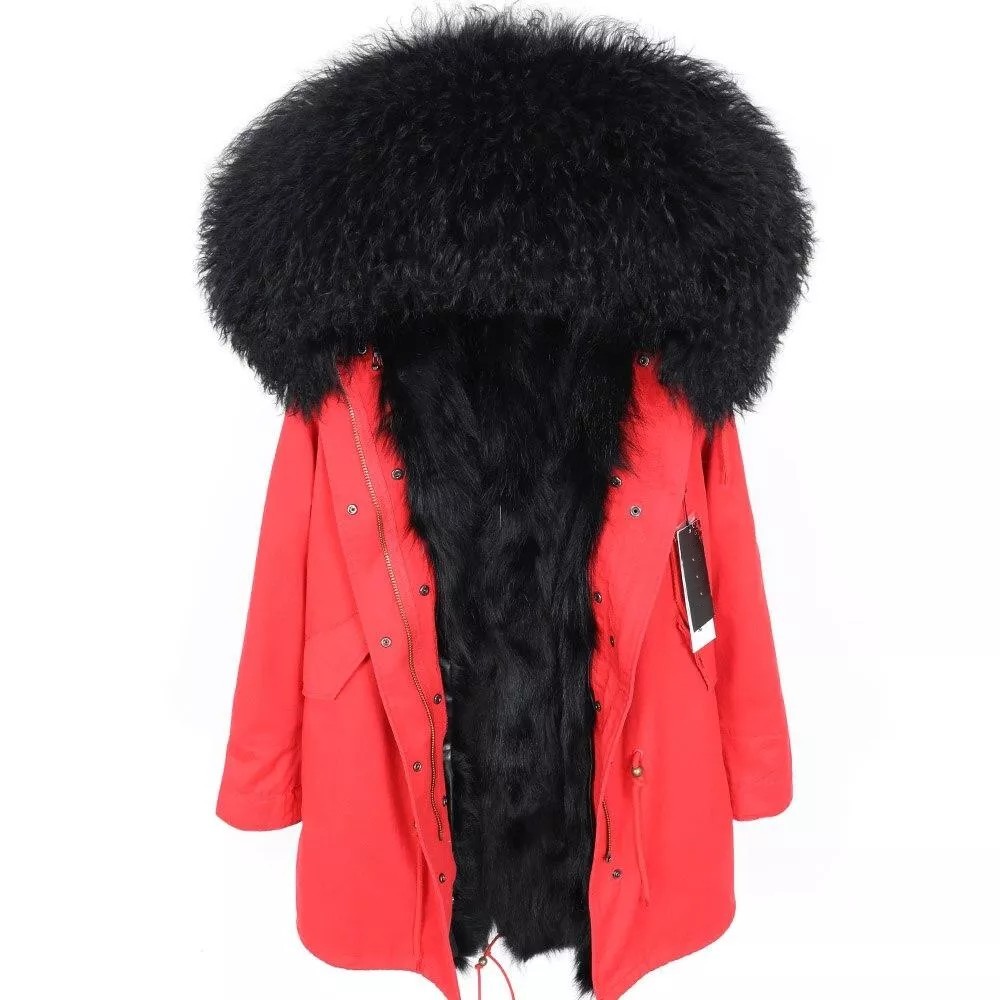 Women's Parka Winter Natural Mongolian Wool Collar Jacket Long Section