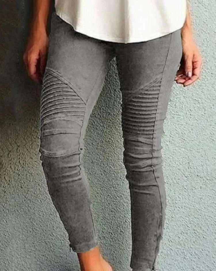 Solid Slant Pocket Zip Side Seam Detail Skinny Jeans