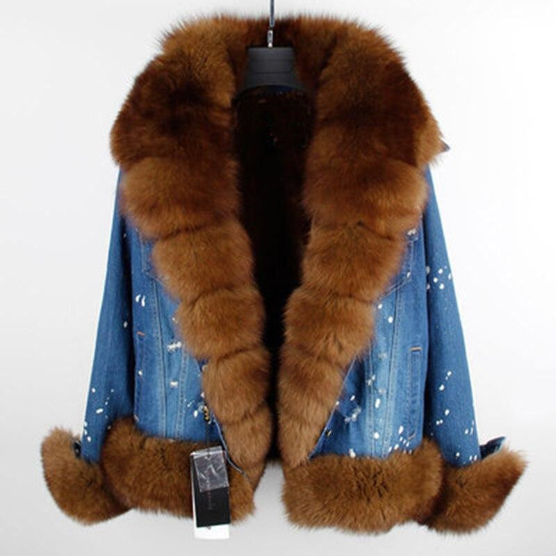 Women's Jacket Fox Fur Denim Short Pie Overcoming Winter Warm Thick Li
