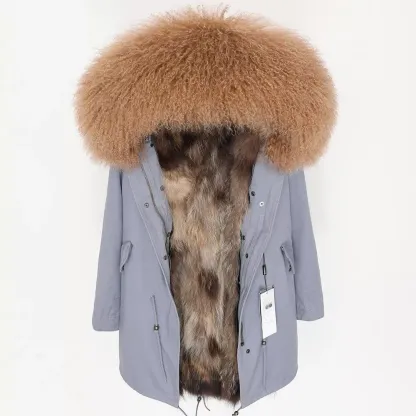 Women's Parka Winter Natural Mongolian Wool Collar Jacket Long Section