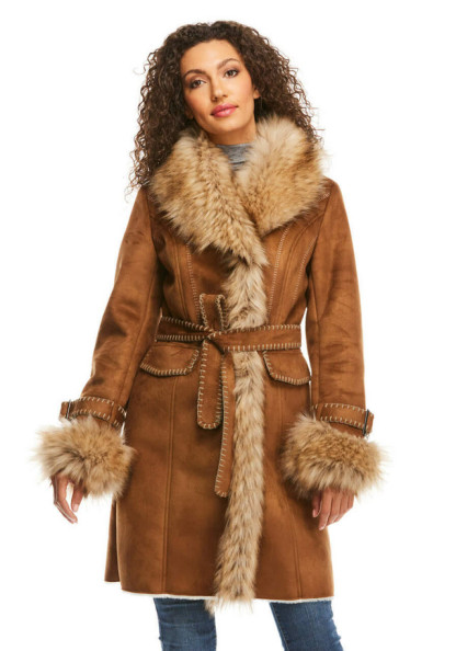 Tobacco Faux Fur Fox Collar Faux Suede Dakota Coat