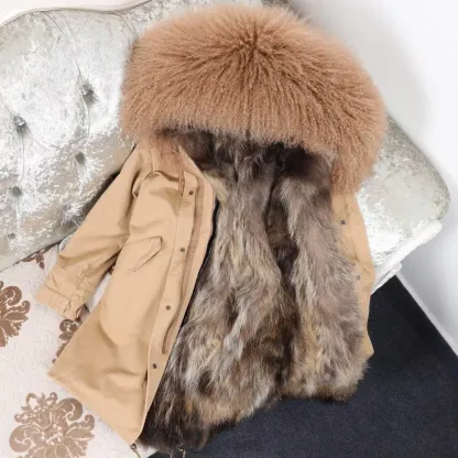 Women's Parka Winter Natural Mongolian Wool Collar Jacket Long Section