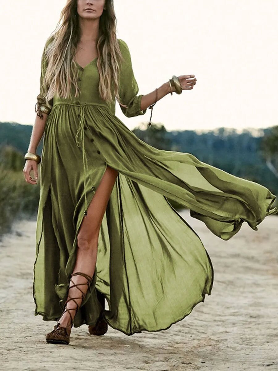 Vintage V-Neck Button High Waist Split Maxi Dress