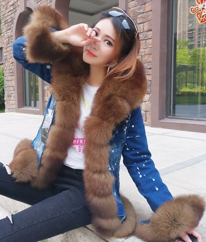 Women's Jacket Fox Fur Denim Short Pie Overcoming Winter Warm Thick Li
