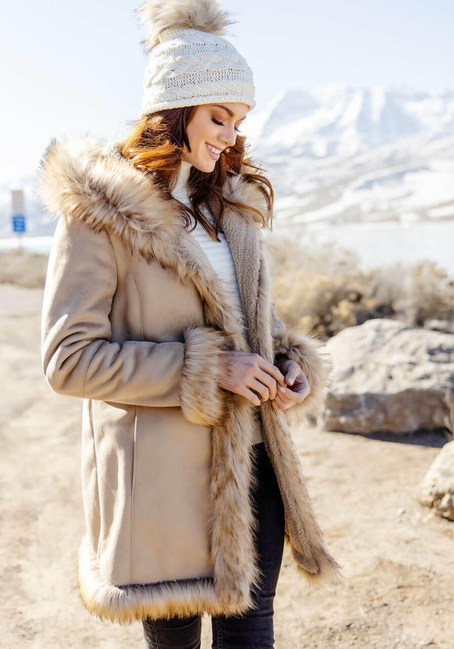Latte Faux Suede & Faux Fur Alpine Hooded Coat