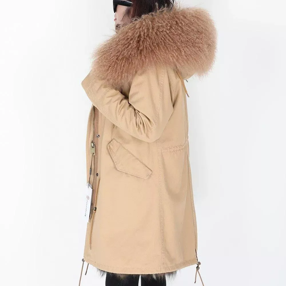 Women's Parka Winter Natural Mongolian Wool Collar Jacket Long Section