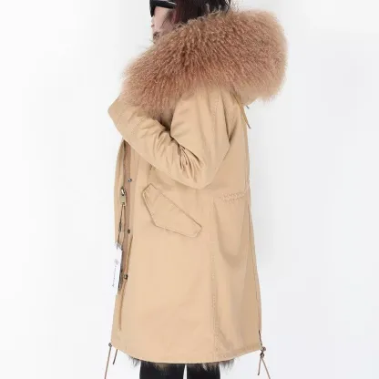 Women's Parka Winter Natural Mongolian Wool Collar Jacket Long Section