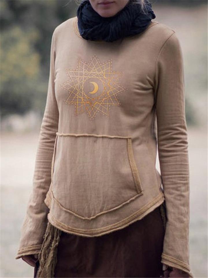 Vintage Style Moon Printed Front Pocket Long Sleeve Shirts