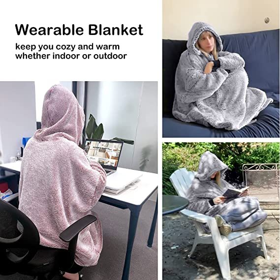 Oversized Wearable Blanket Hoodie Sweatshirt, Comfortable Sherpa Lounging Pullover for Adults Women Men
