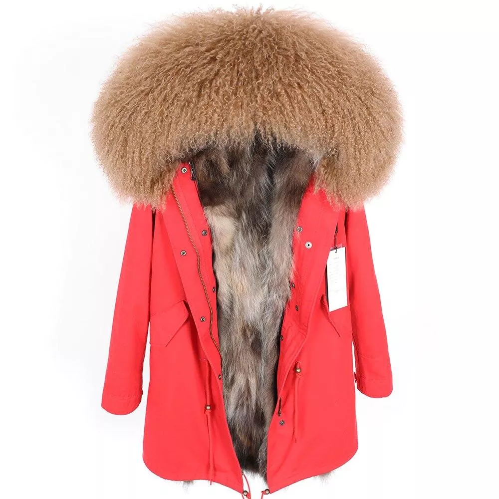 Women's Parka Winter Natural Mongolian Wool Collar Jacket Long Section