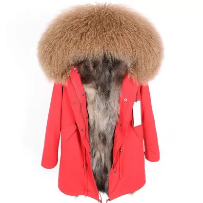 Women's Parka Winter Natural Mongolian Wool Collar Jacket Long Section