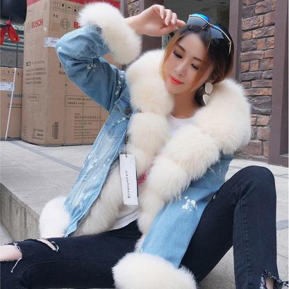 Women's Jacket Fox Fur Denim Short Pie Overcoming Winter Warm Thick Li