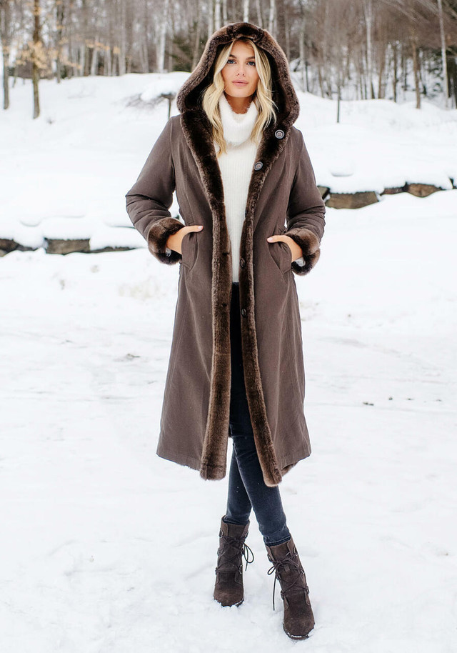 Coffee Faux Fur Hooded Reversible Storm Coat
