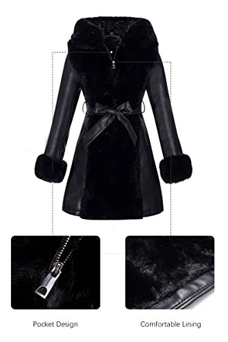 Women's Faux Leather Fleece Lined Coat Winter Hooded Zip-up Parka with Belt