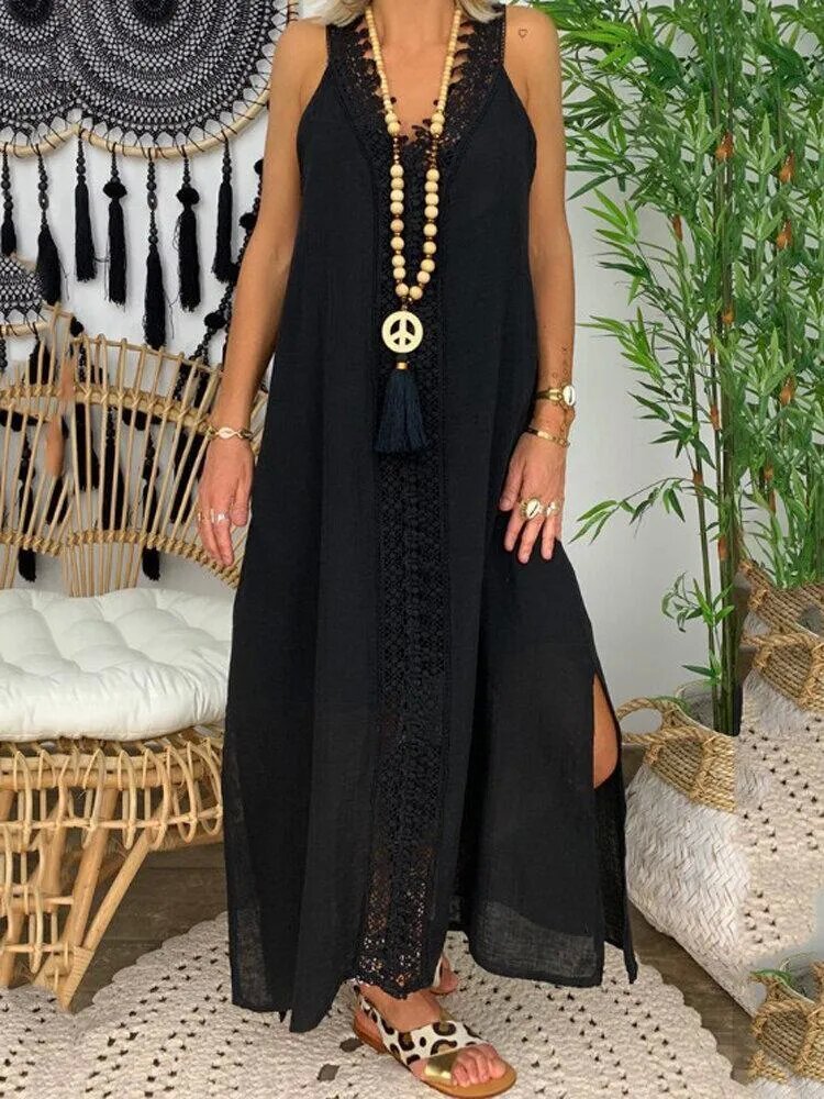 Women Solid Color Lace Trim V-Neck Sleeveless Casual Dresses