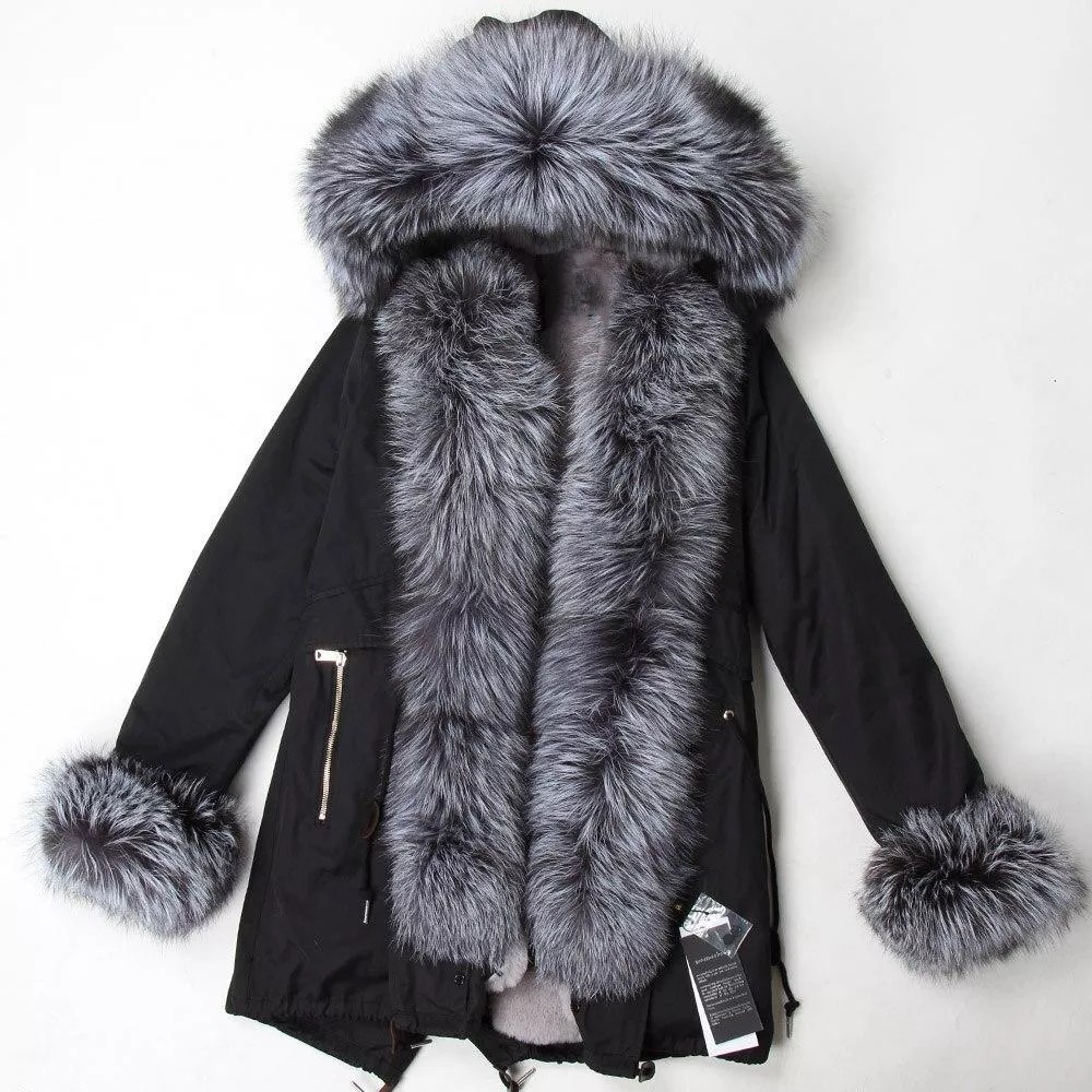 Women's Parka Fox Fur Coats Real Fur Winter Long Black Park Cotton Thi