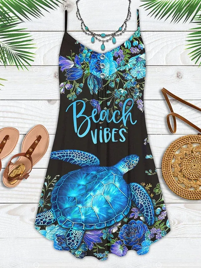 Vacation Sea Turtle Beach Print Spaghetti Strap Dress Swimsuit Coverup Color - As shown