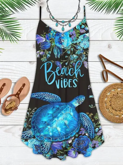 Vacation Sea Turtle Beach Print Spaghetti Strap Dress Swimsuit Coverup Color - As shown