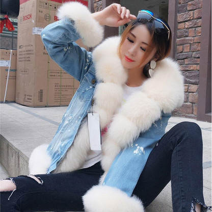 Women's Jacket Fox Fur Denim Short Pie Overcoming Winter Warm Thick Li