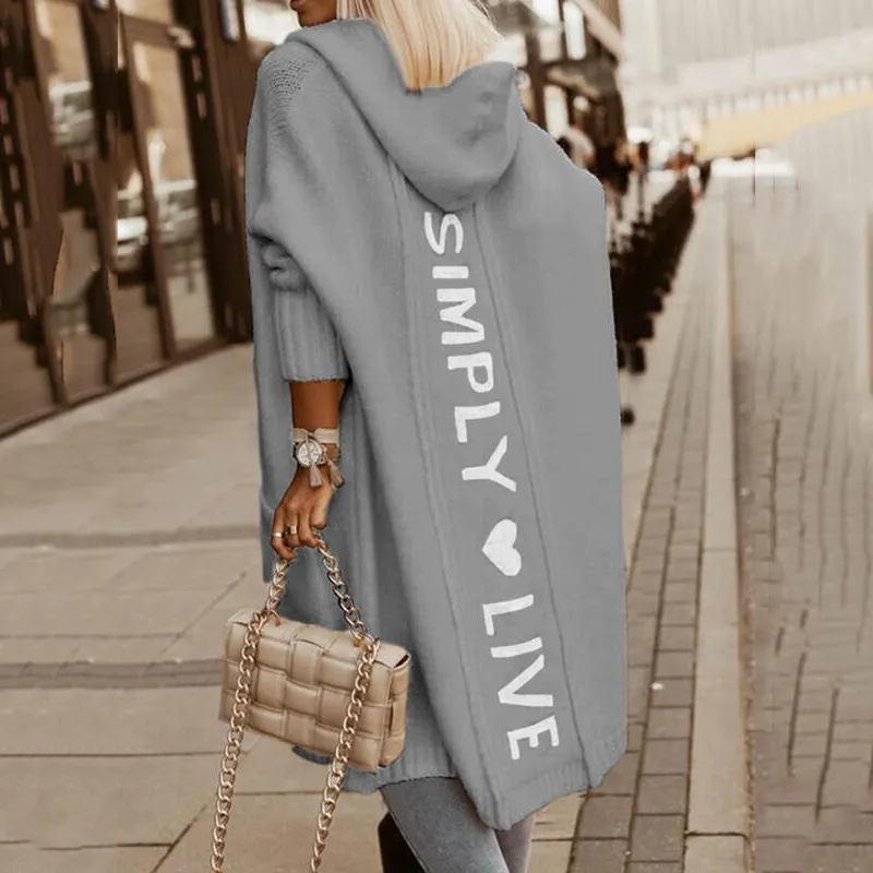 HOODED LOOSE KNIT MID-LENGTH CARDIGAN