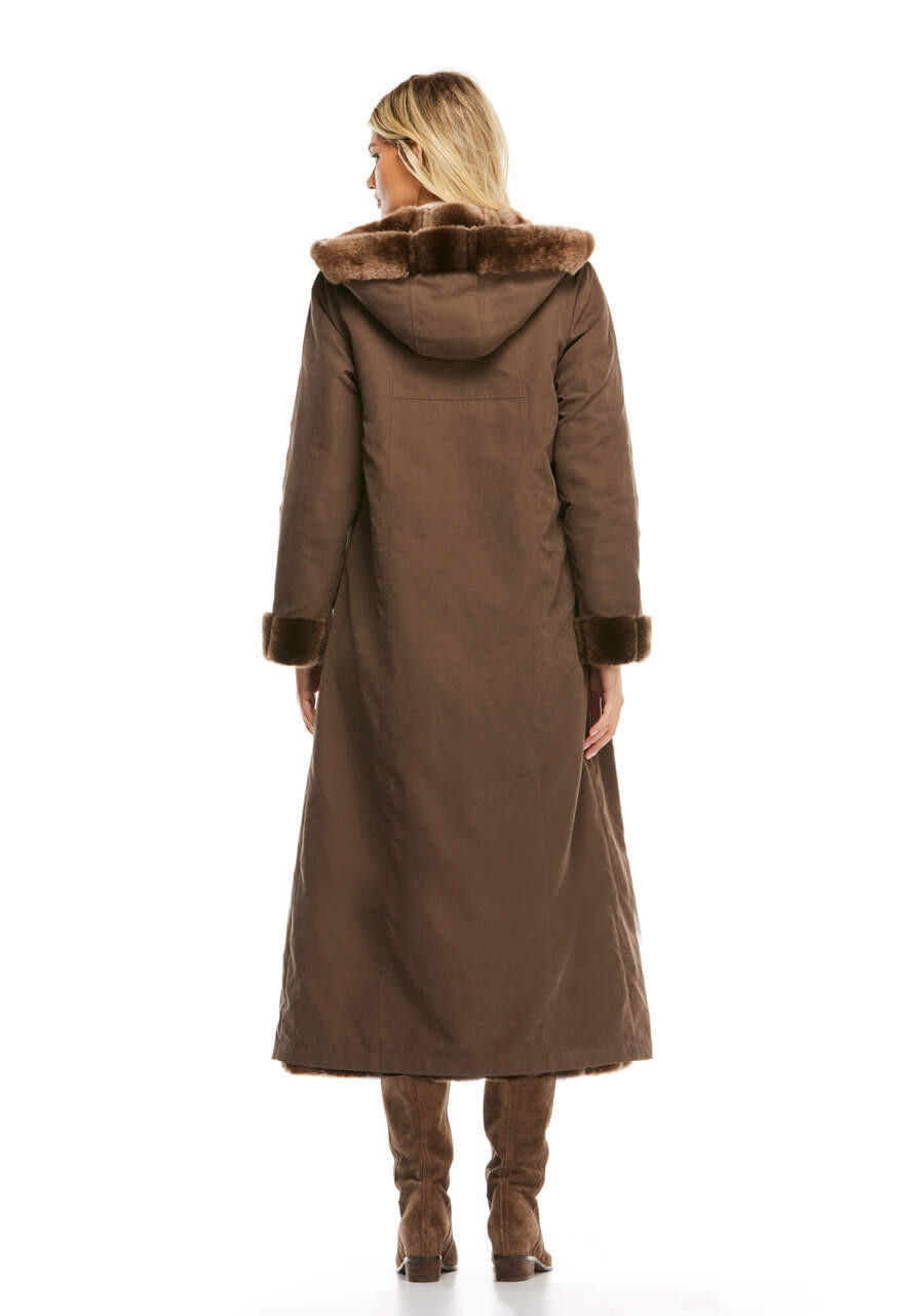 Coffee Faux Fur Hooded Reversible Storm Coat