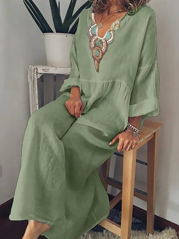 Casual V-Neck Printed Long-Sleeved Dress