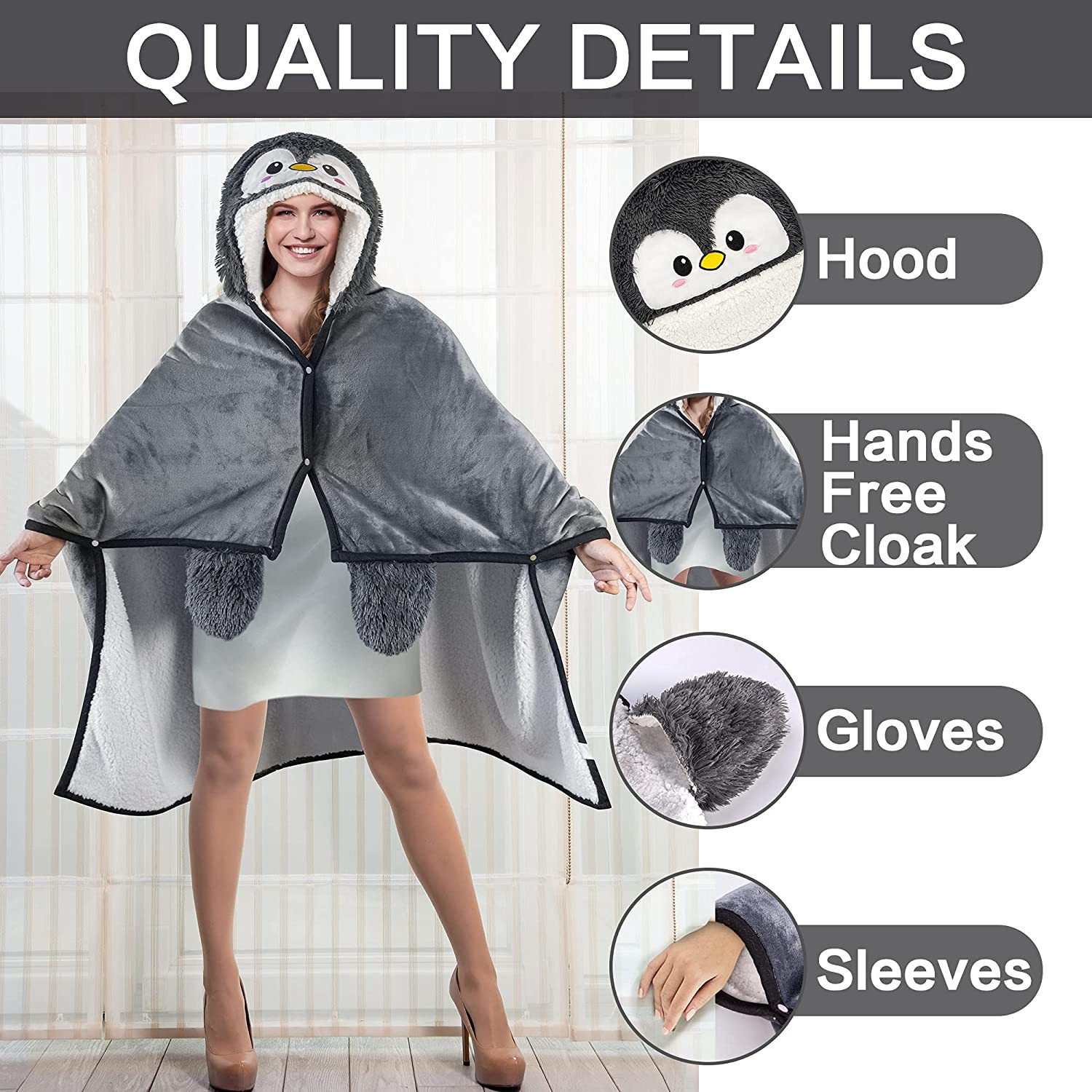 Wearable Hooded Blanket for Adults – Fuzzy Super Soft Warm Cozy Plush Flannel Fleece &amp; Sherpa Hoodie Throw Cloak Wrap - Penguin Gifts for Women Adults Girls and Kids