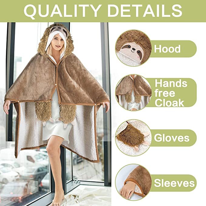 Wearable Hooded Blanket for Adults - Super Soft Warm Cozy Plush Flannel Fleece & Sherpa Hoodie Throw Cloak Wrap - Sloth Gifts for Women Adults and Kids