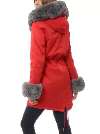 Ladies winter parka coat red, gray fur