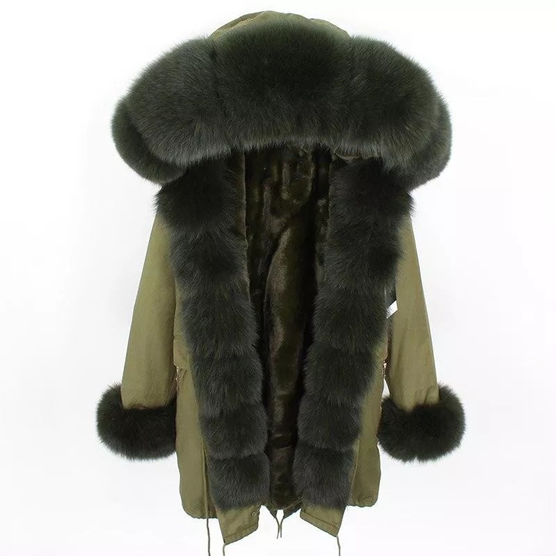 Women's Parka Fox Fur Coats Real Fur Winter Long Black Park Cotton Thi