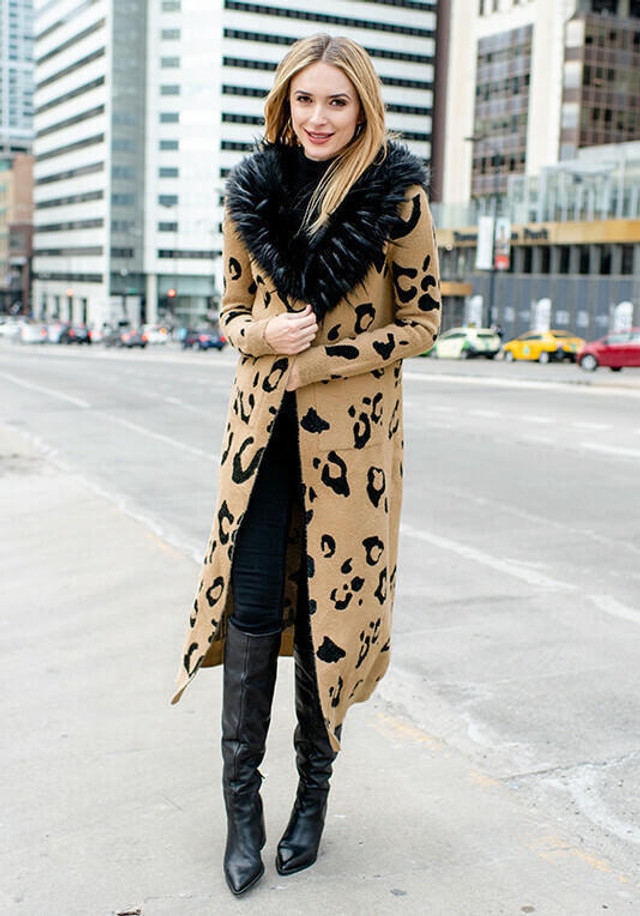 Leopard Fox Collar Duster Sweater