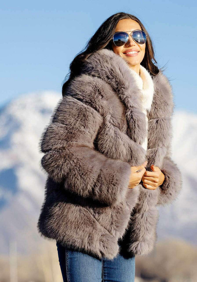 Grey Fox Faux Fur Chateau Chevron Hooded Coat