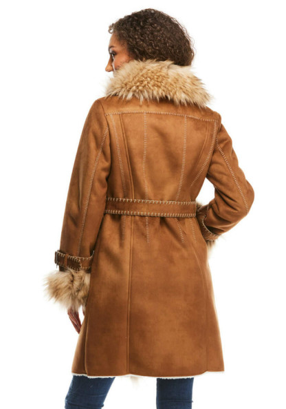 Tobacco Faux Fur Fox Collar Faux Suede Dakota Coat