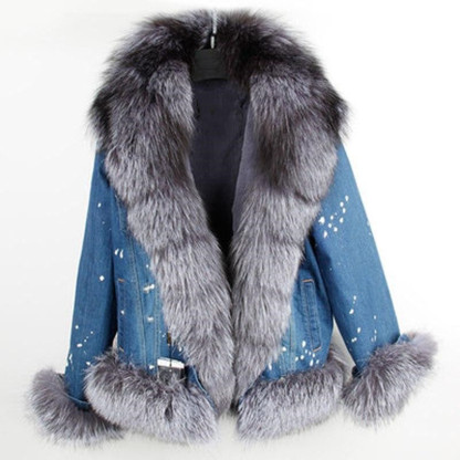 Women's Jacket Fox Fur Denim Short Pie Overcoming Winter Warm Thick Li