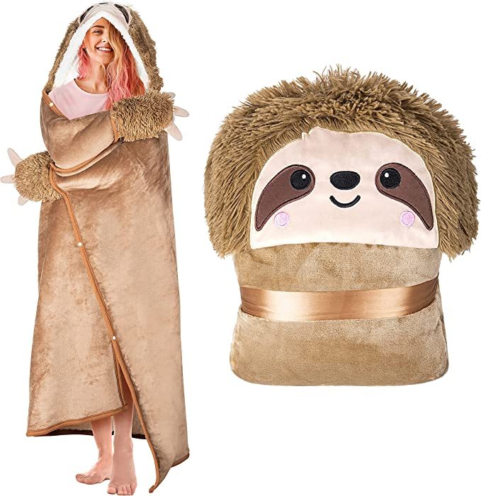 Wearable Hooded Blanket for Adults - Super Soft Warm Cozy Plush Flannel Fleece & Sherpa Hoodie Throw Cloak Wrap - Sloth Gifts for Women Adults and Kids