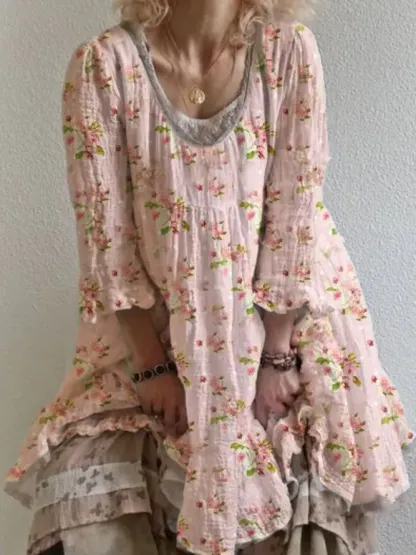 Lace Wrinkle Round Neck Short Sleeve Dress