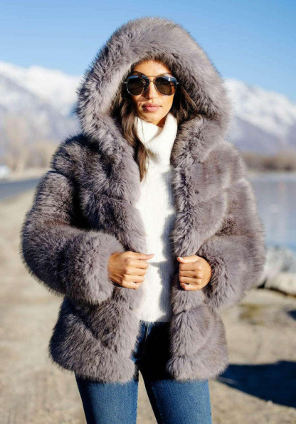 Grey Fox Faux Fur Chateau Chevron Hooded Coat
