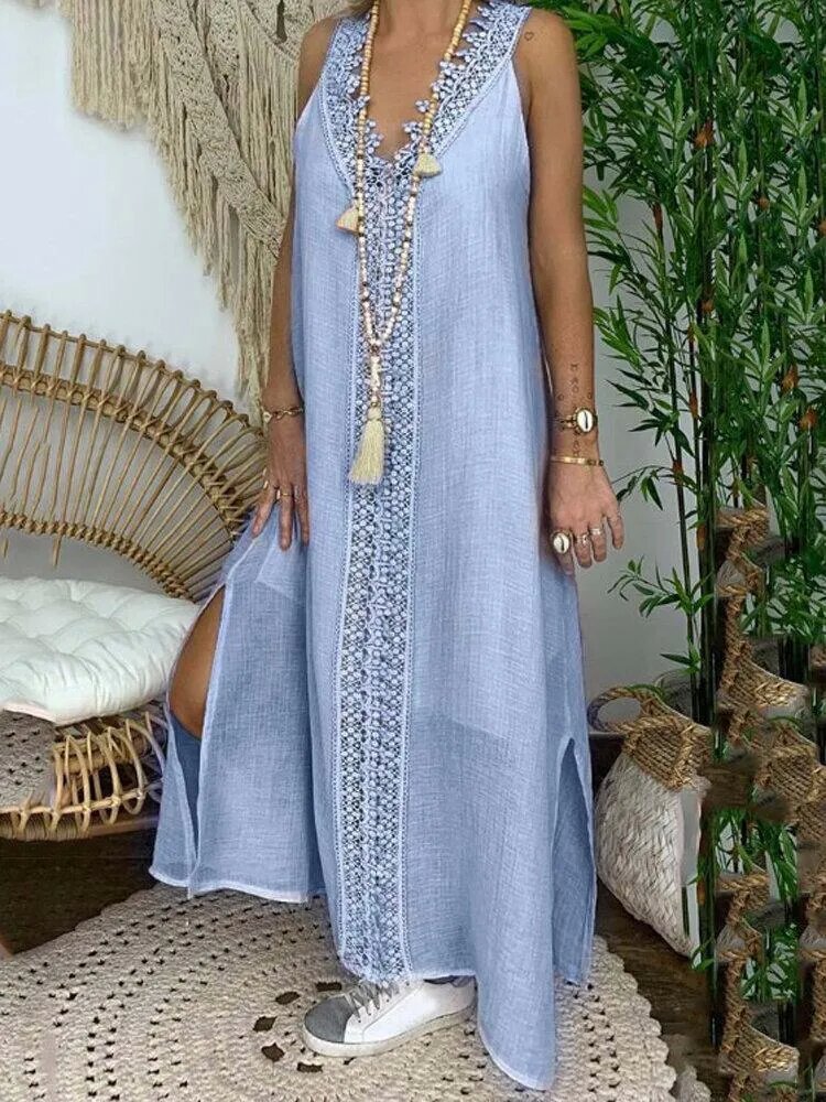 Women Solid Color Lace Trim V-Neck Sleeveless Casual Dresses